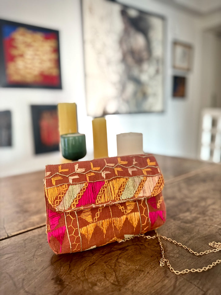 Sara, Notebook Clutch made with Vintage Phulkari Bagh &amp; brass Chain, Medium - kinchecom