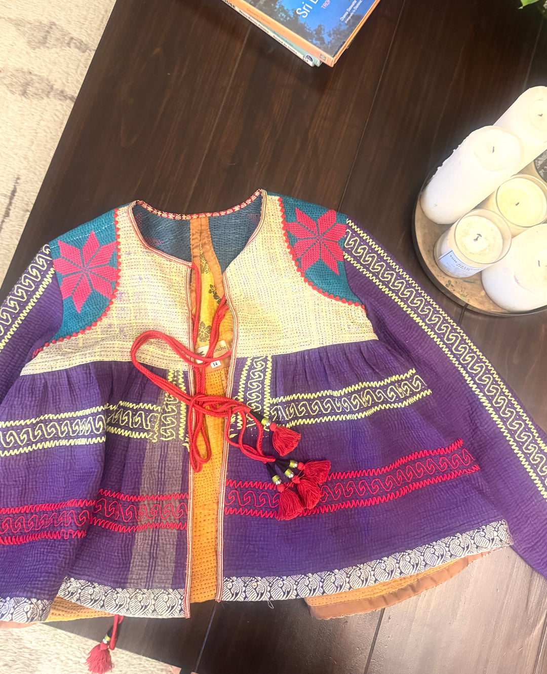 Medium, Budapest, Vintage Kantha, Flared Boho Jacket with Vintage Embroidery kinche Rare - kinchecom