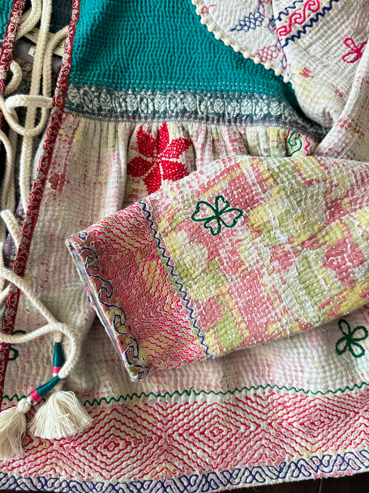 XL,Milan, Vintage Kantha, Flared Boho Jacket with Vintage Embroidery kinche Rare - kinchecom