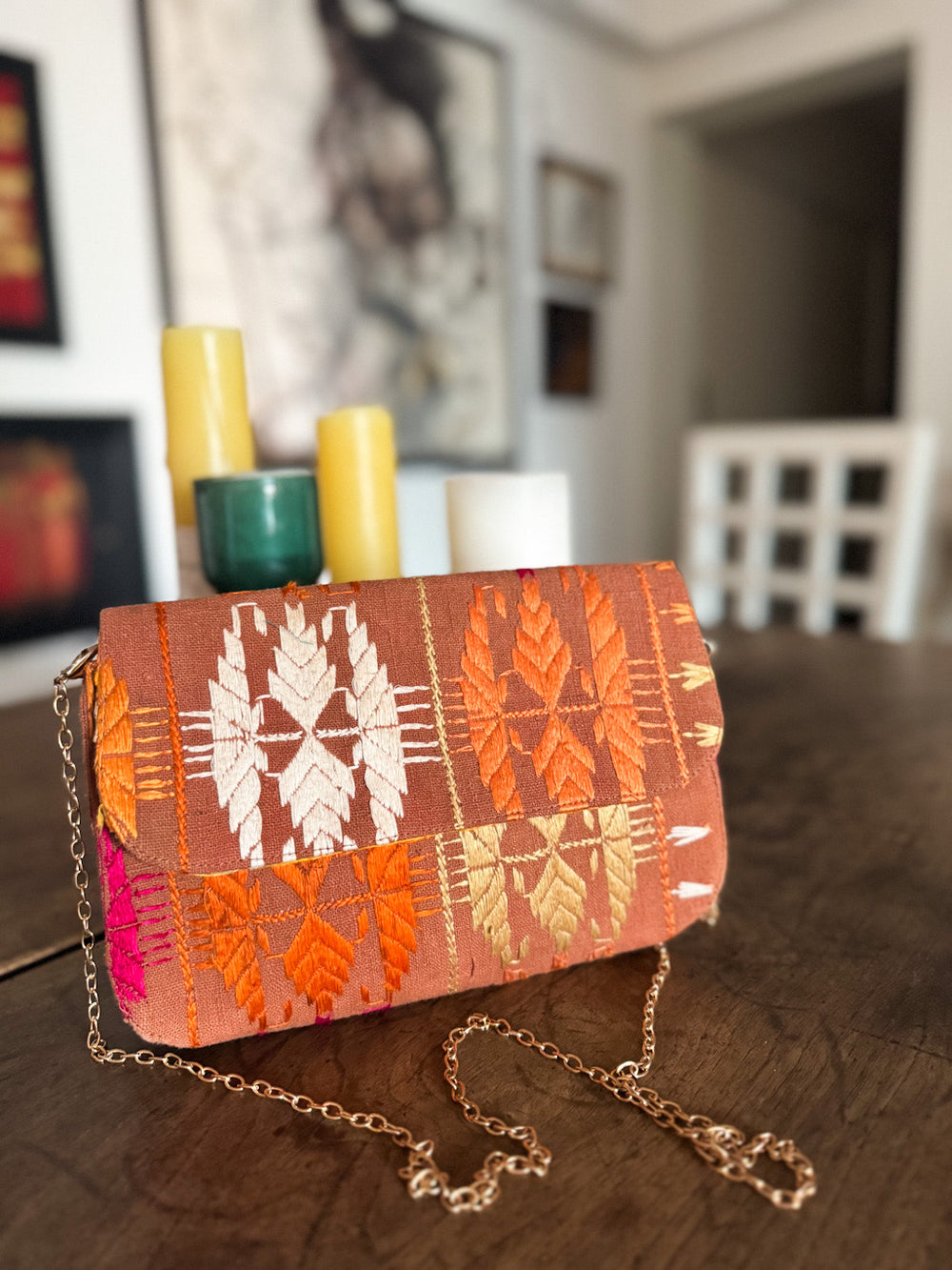 Heera, Notebook Clutch made with Vintage Phulkari Bagh & brass Chain, Medium - kinchecom