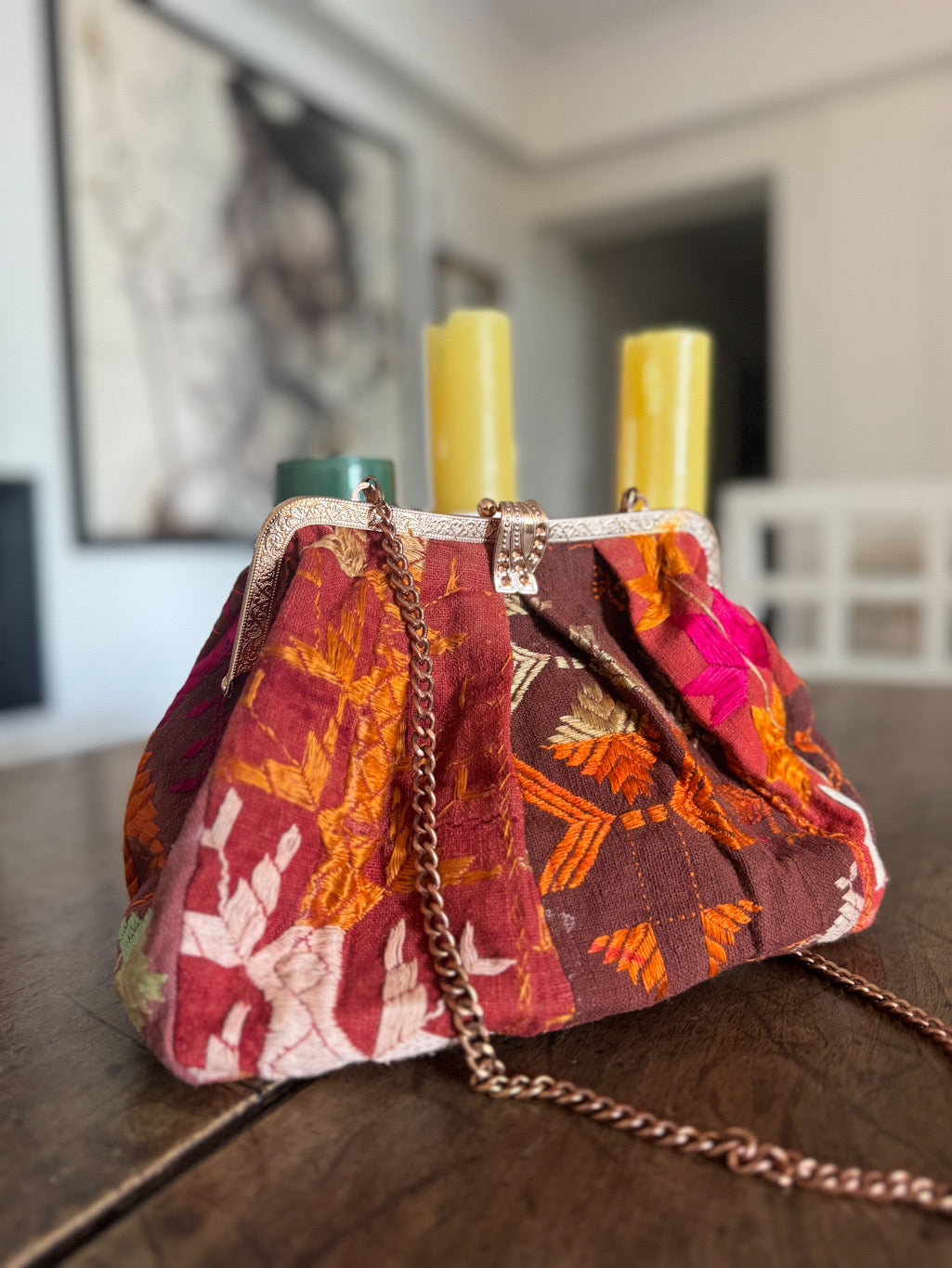 Rasa, Handmade Vintage Phulkari Clasp Handbag, One of a Kind, Medium - kinchecom