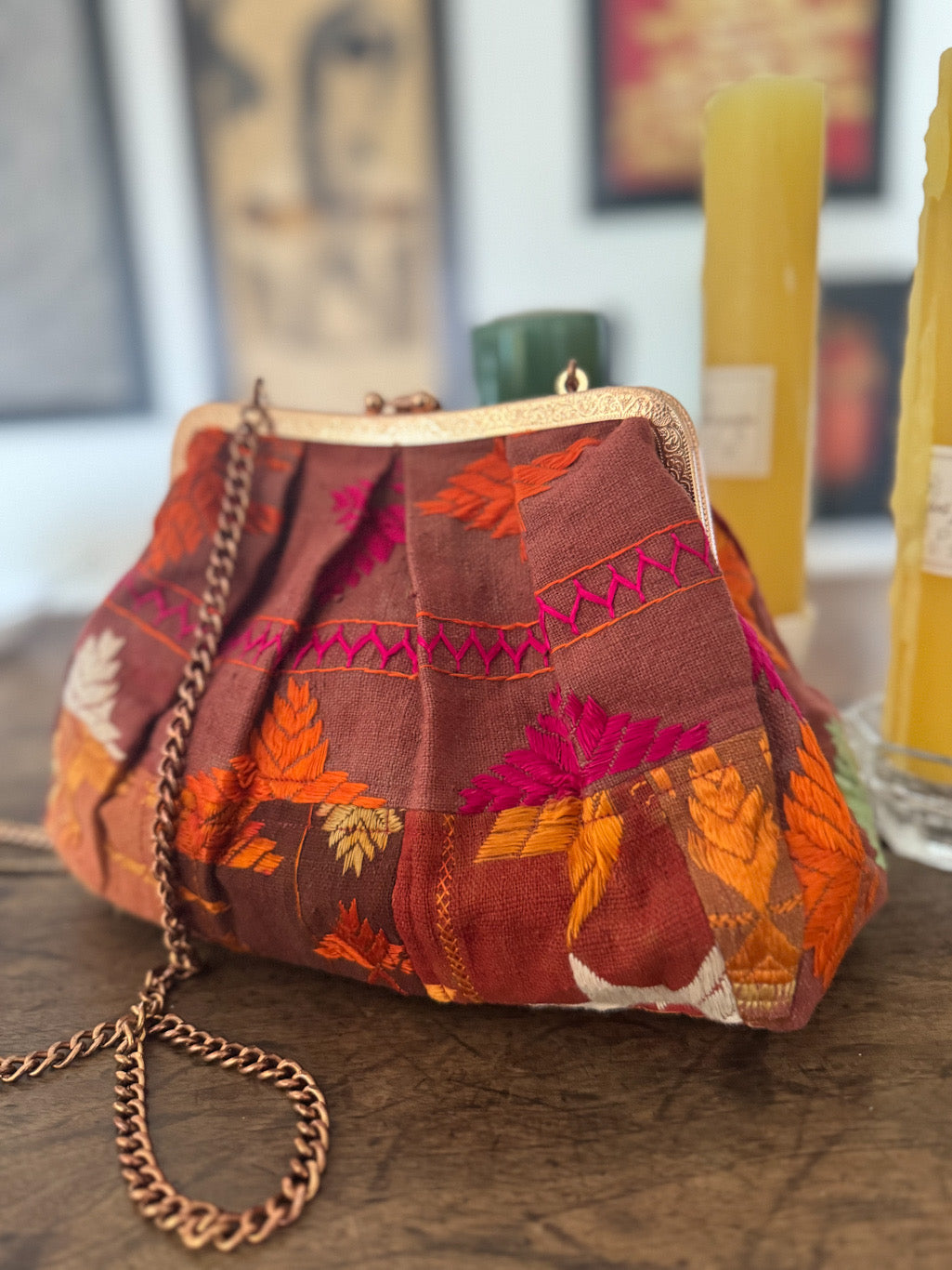 Rasa, Handmade Vintage Phulkari Clasp Handbag, One of a Kind, Medium - kinchecom