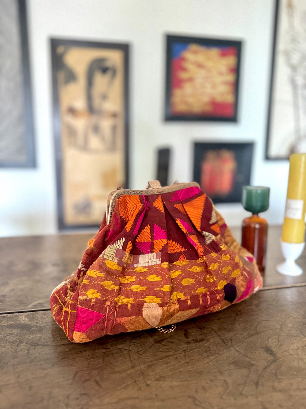 Gaatha, Handmade Vintage Phulkari Clasp Handbag, One of a Kind, Large - kinchecom