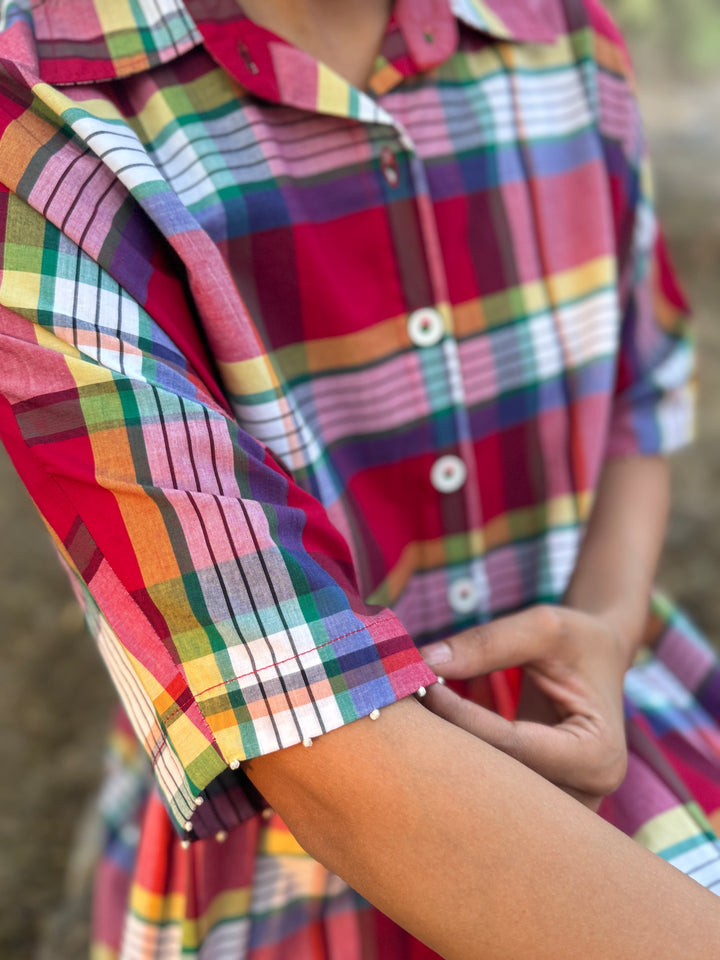 Mach, Madras Check Poplin Dress with Hand Embroidery - kinchecom