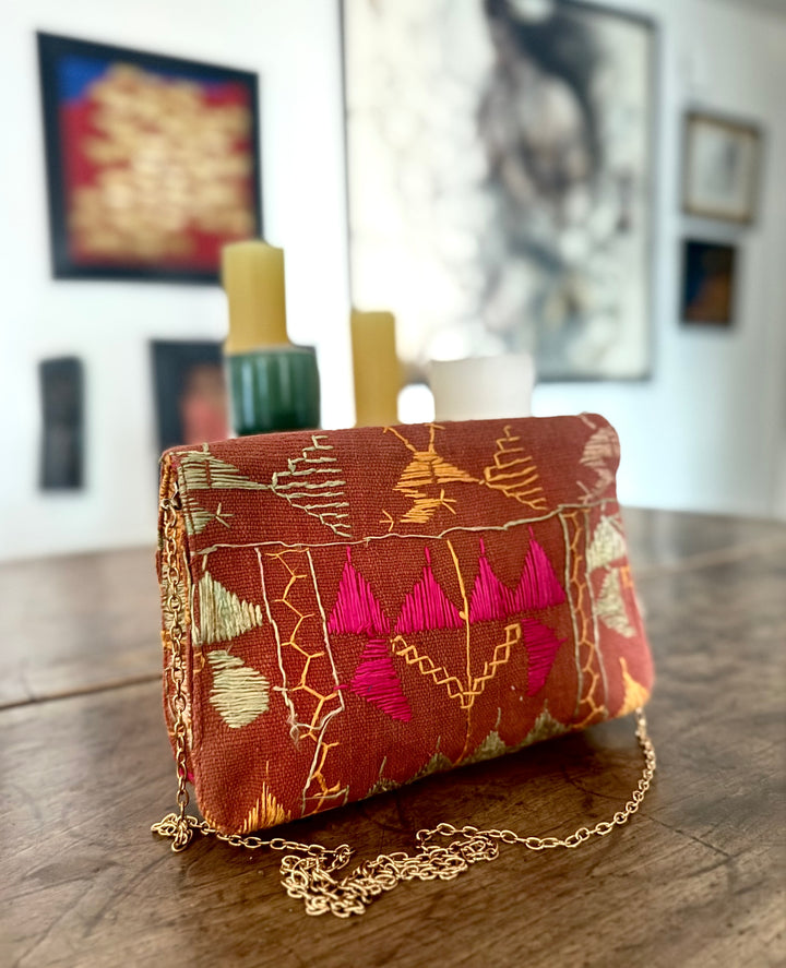 Sara, Notebook Clutch made with Vintage Phulkari Bagh &amp; brass Chain, Medium - kinchecom