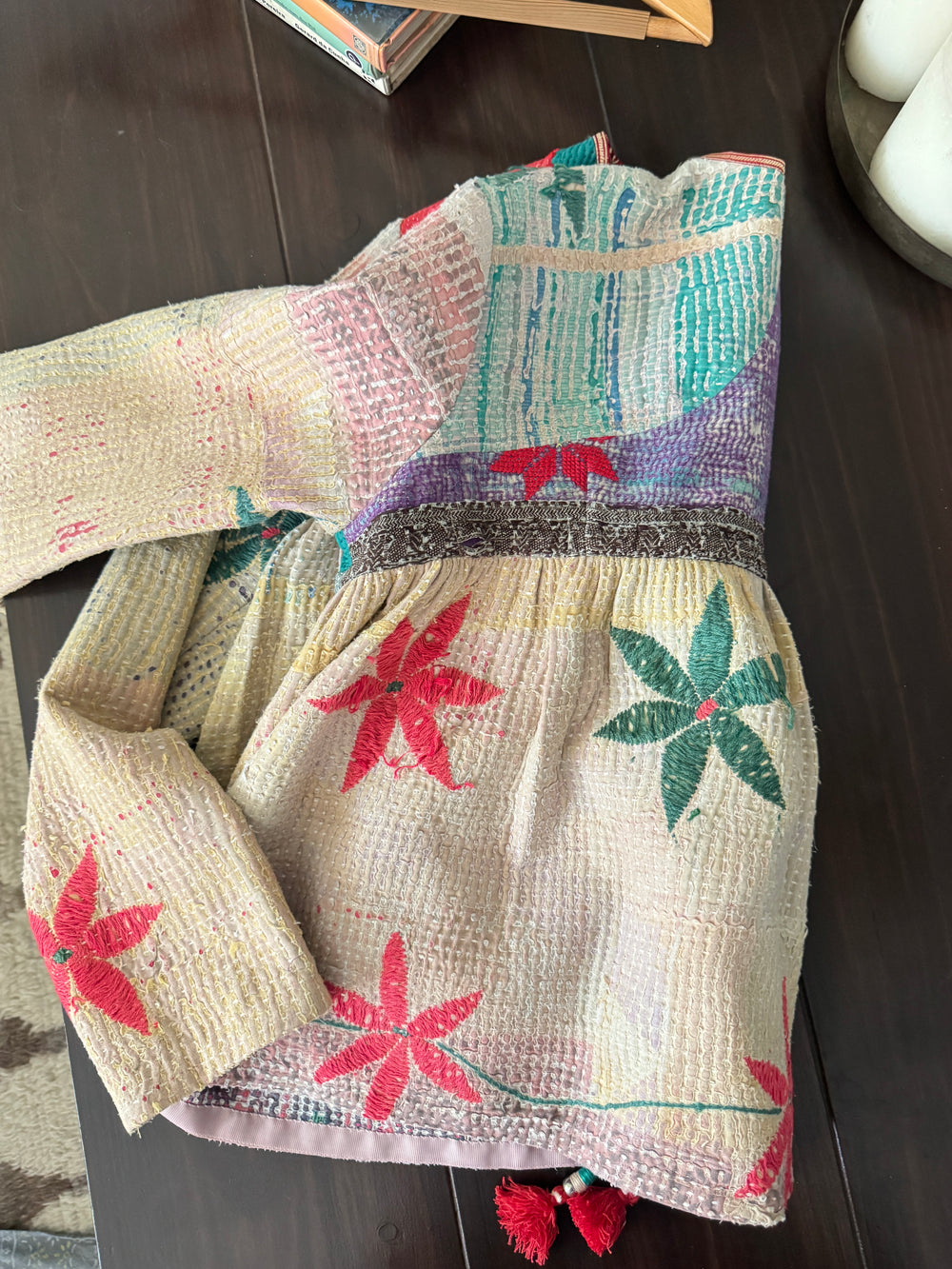 Large, Vienna, Vintage Kantha, Flared Boho Jacket with Vintage Embroidery kinche Rare - kinchecom