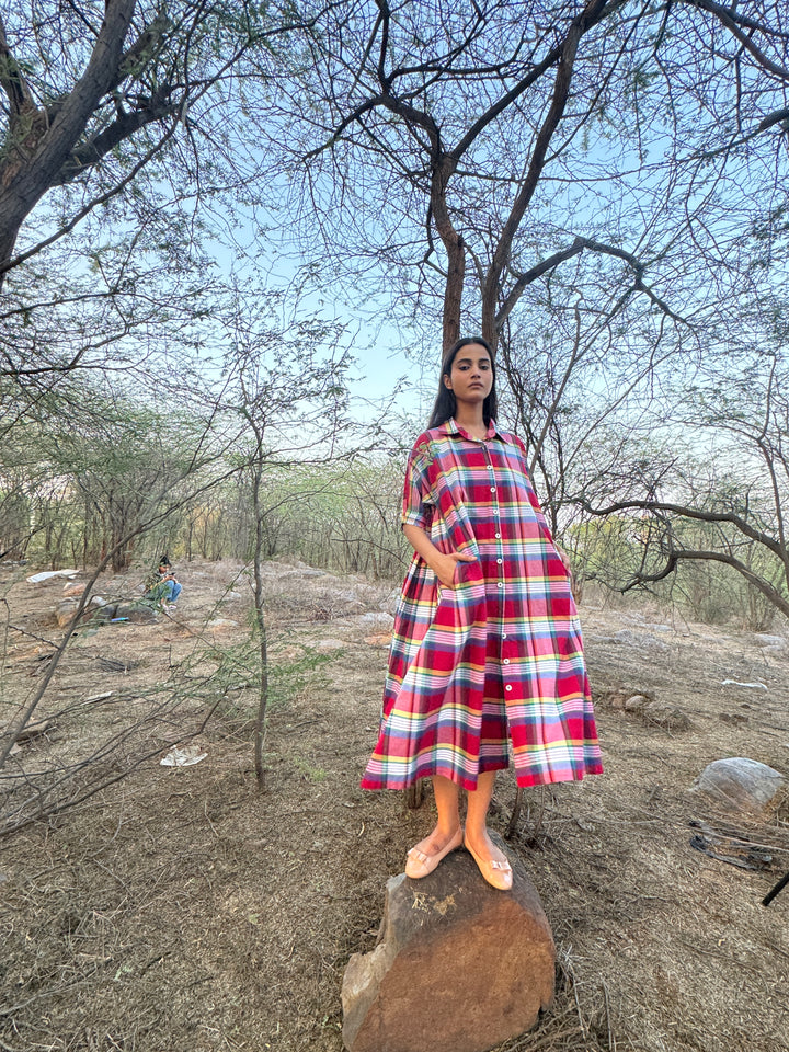 Mach, Madras Check Poplin Dress with Hand Embroidery - kinchecom