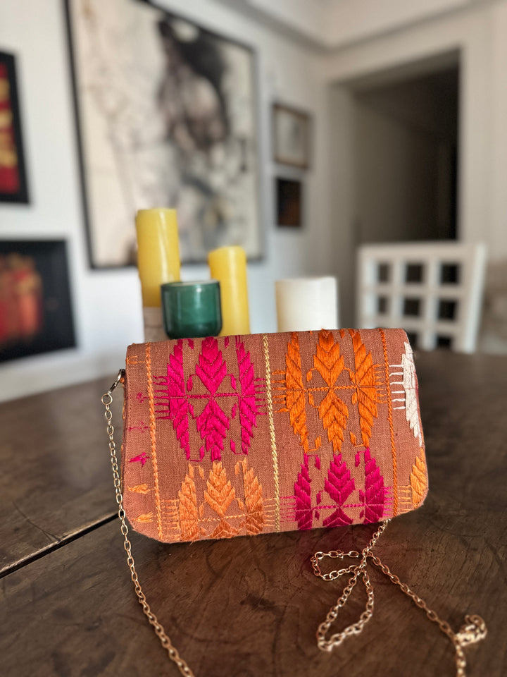 Heera, Notebook Clutch made with Vintage Phulkari Bagh &amp; brass Chain, Medium - kinchecom