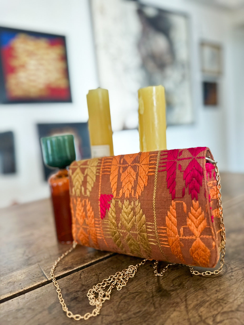 Vira, Notebook Clutch made with Vintage Phulkari Bagh &amp; brass Chain - kinchecom