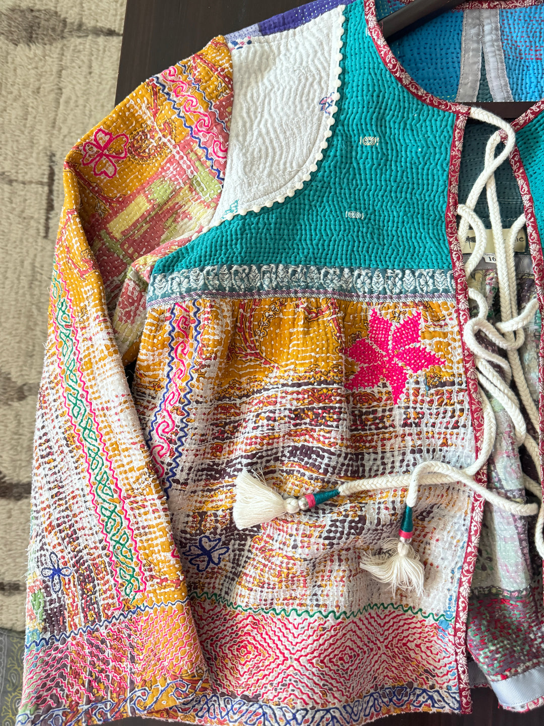 XL,Milan, Vintage Kantha, Flared Boho Jacket with Vintage Embroidery kinche Rare - kinchecom