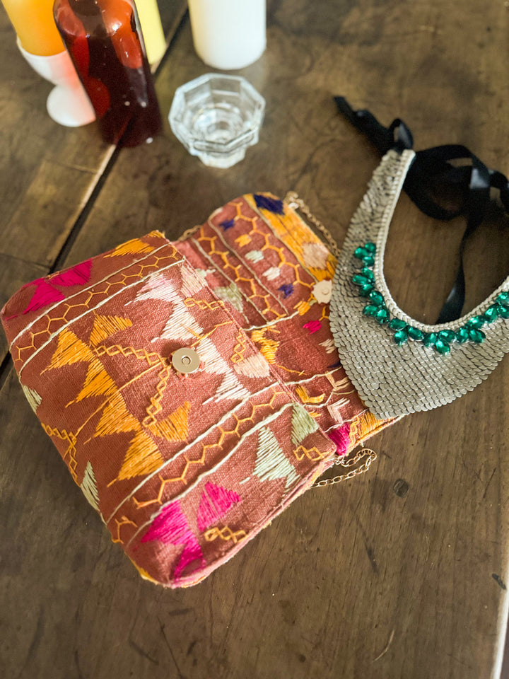 Sara, Notebook Clutch made with Vintage Phulkari Bagh &amp; brass Chain, Medium - kinchecom