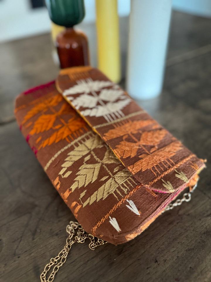 Heera, Notebook Clutch made with Vintage Phulkari Bagh &amp; brass Chain, Medium - kinchecom