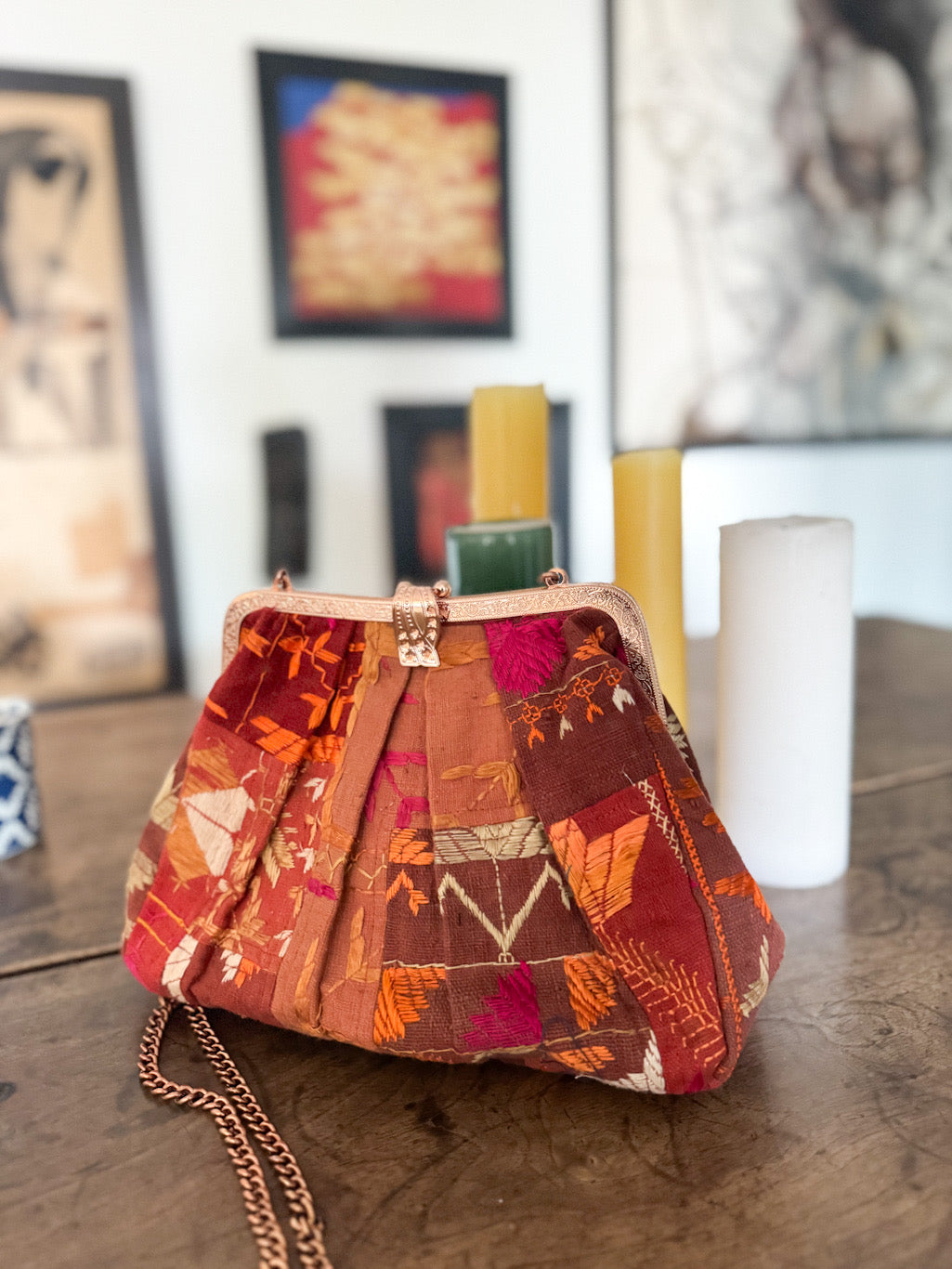 Sehar, Handmade Vintage Phulkari Clasp Handbag, One of a Kind, Medium - kinchecom