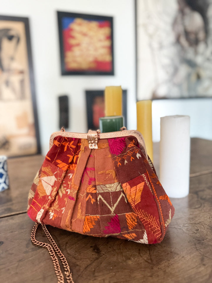 Sehar, Handmade Vintage Phulkari Clasp Handbag, One of a Kind, Medium - kinchecom