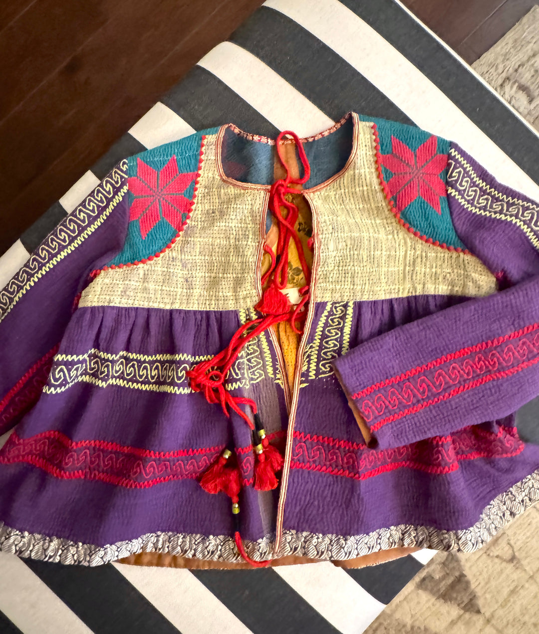 Medium, Budapest, Vintage Kantha, Flared Boho Jacket with Vintage Embroidery kinche Rare - kinchecom