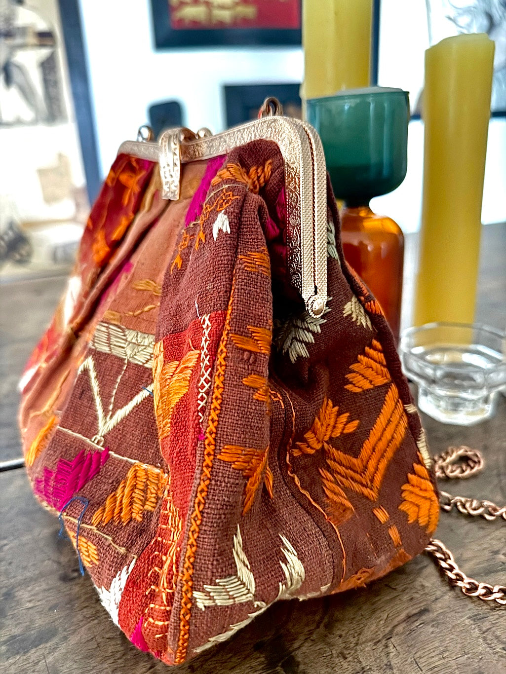 Sehar, Handmade Vintage Phulkari Clasp Handbag, One of a Kind, Medium - kinchecom