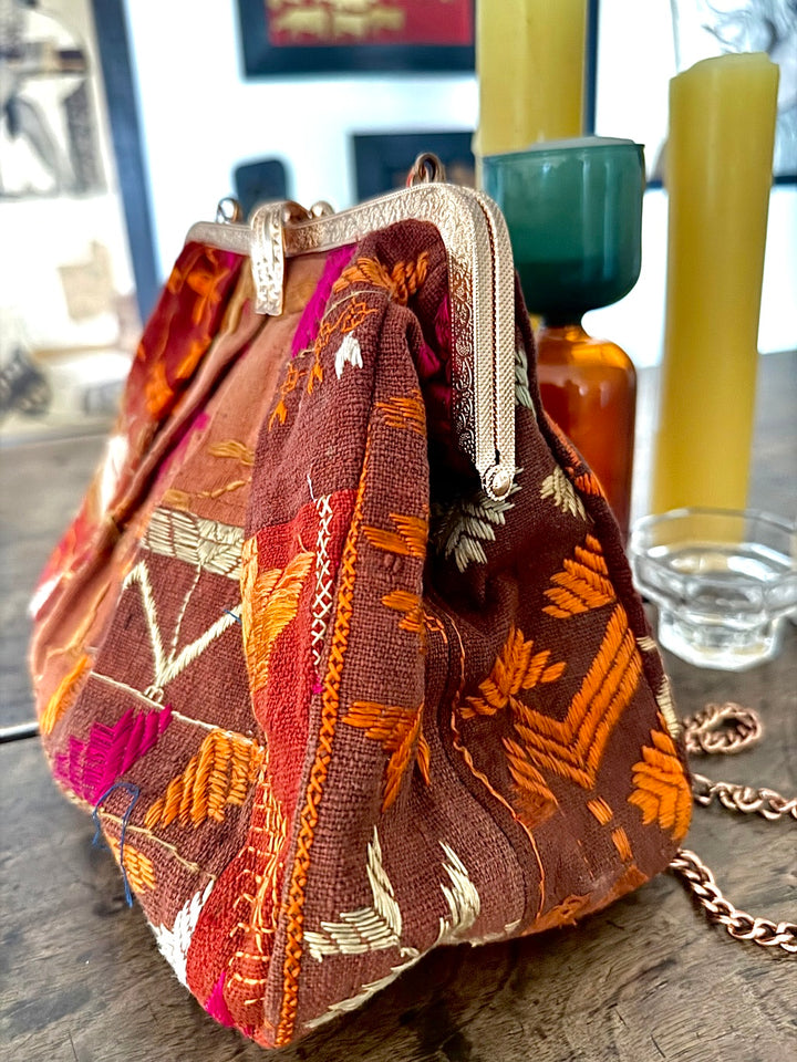 Sehar, Handmade Vintage Phulkari Clasp Handbag, One of a Kind, Medium - kinchecom