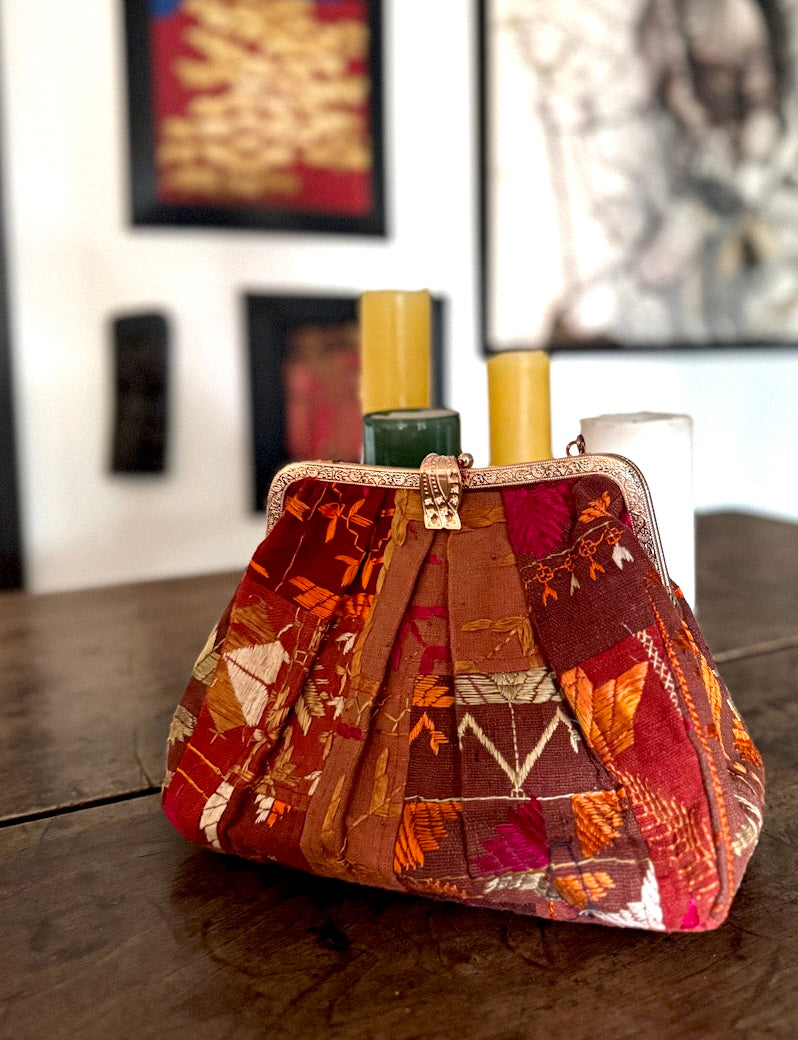 Sehar, Handmade Vintage Phulkari Clasp Handbag, One of a Kind, Medium - kinchecom