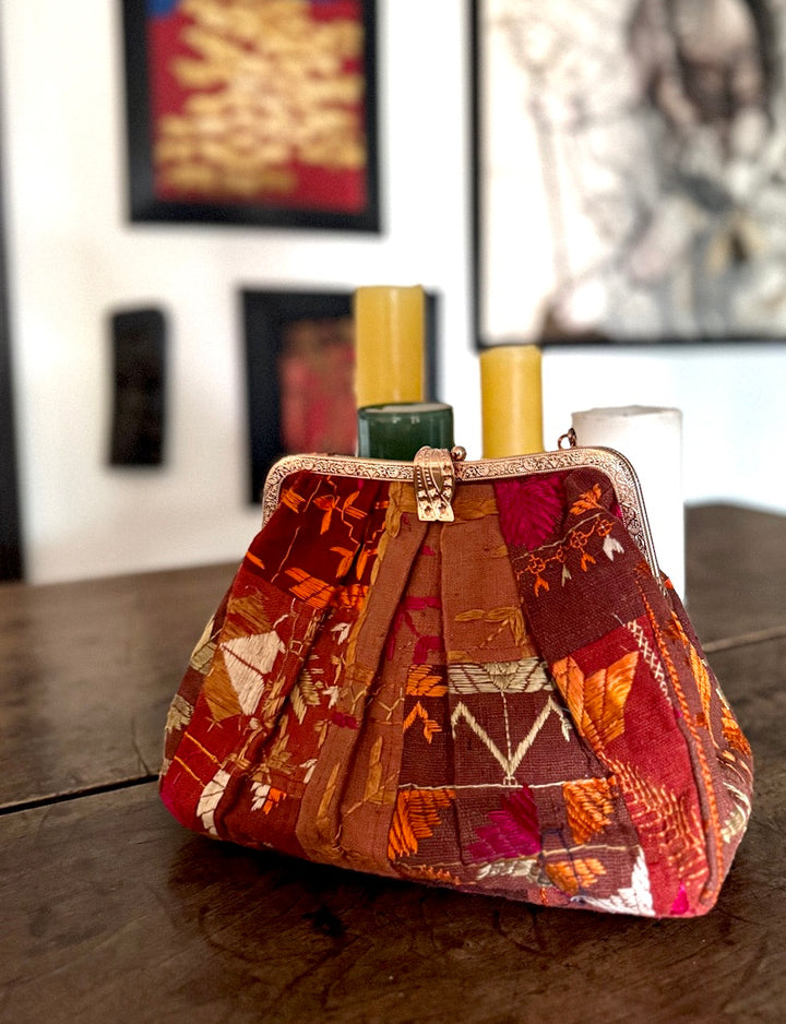Sehar, Handmade Vintage Phulkari Clasp Handbag, One of a Kind, Medium - kinchecom