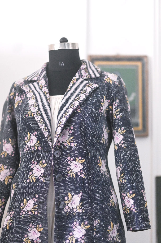 Celeste, Handmade Vintage Kantha Long Blazer in XL - kinchecom