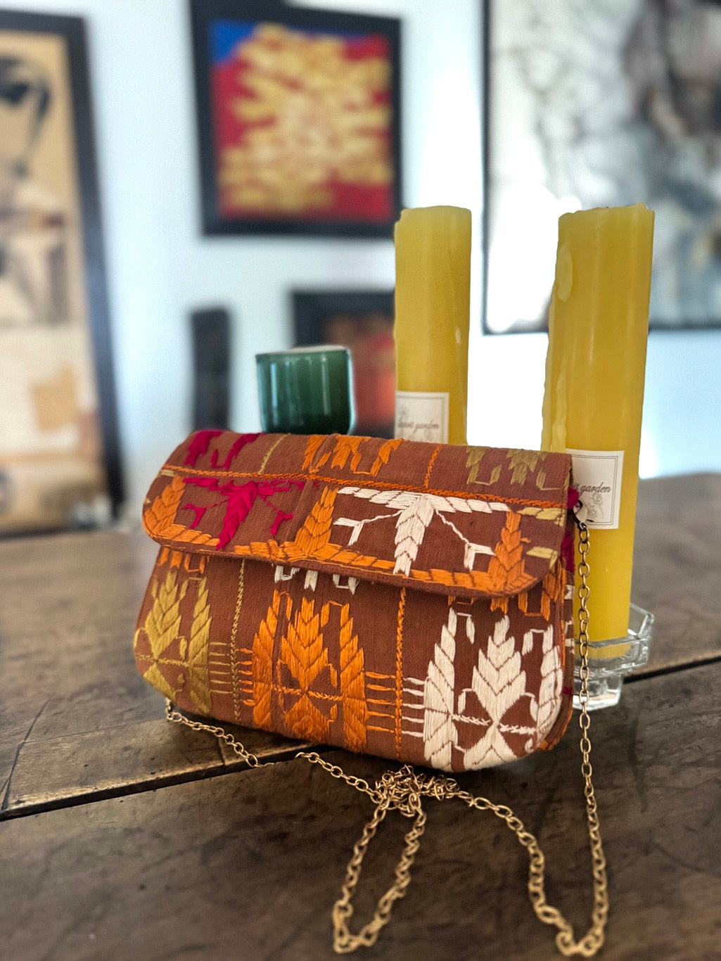 Vira, Notebook Clutch made with Vintage Phulkari Bagh &amp; brass Chain - kinchecom
