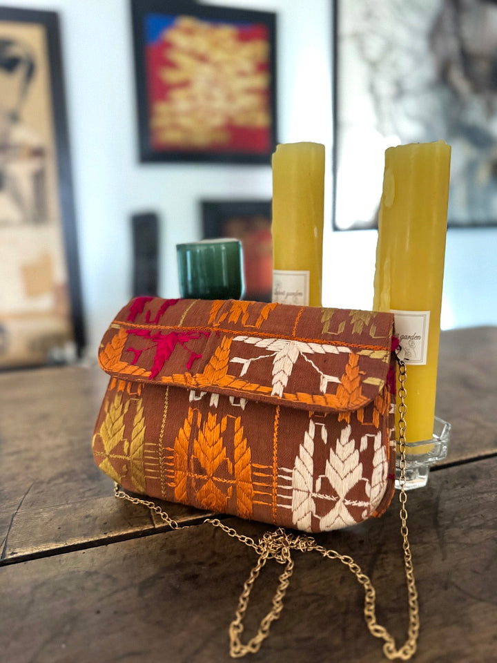 Vira, Notebook Clutch made with Vintage Phulkari Bagh &amp; brass Chain - kinchecom