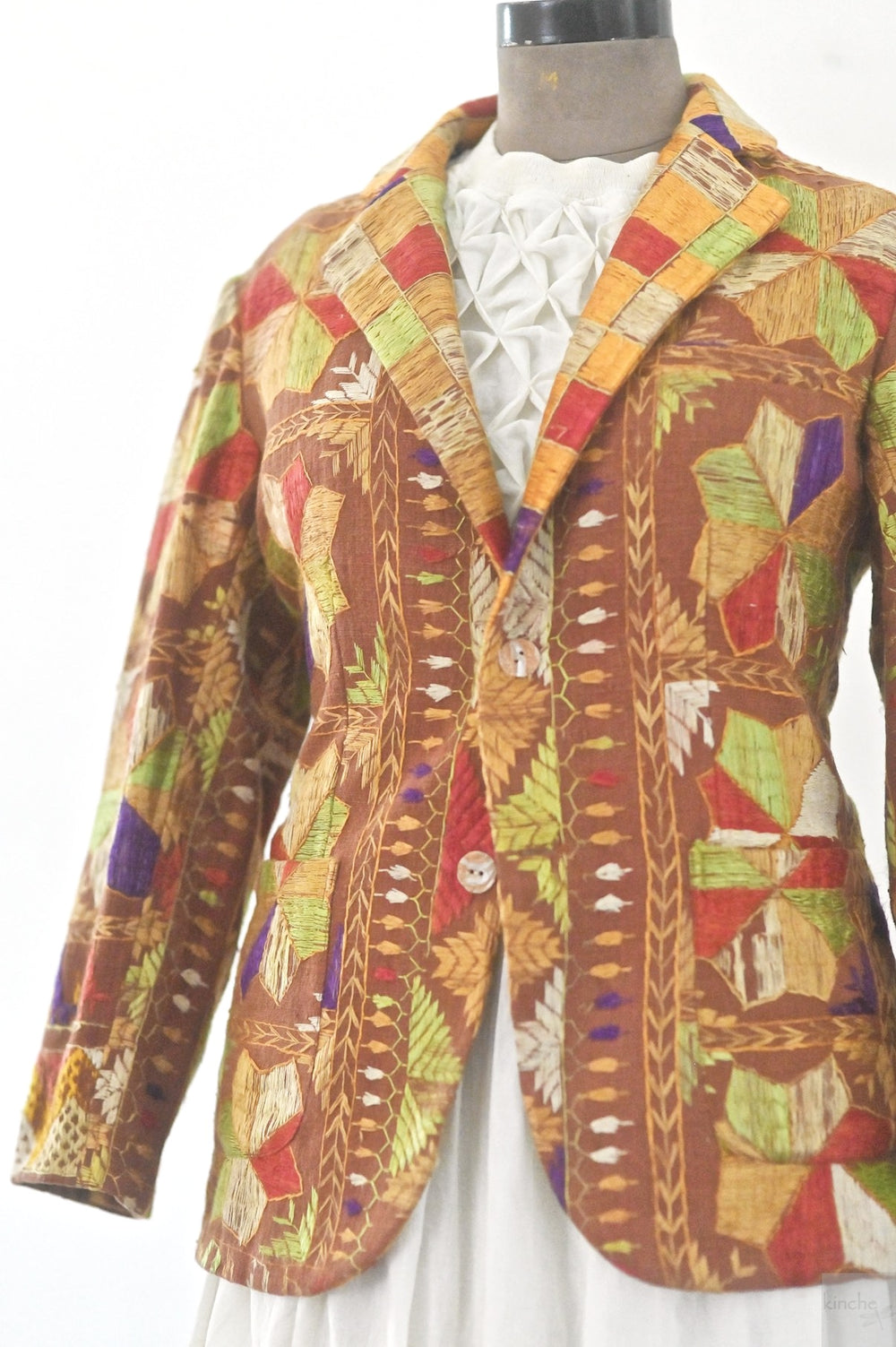 Prabh,  Size XXL Blazer, Made of Antique Phulkari Chaddar/ One of a Kind - kinchecom