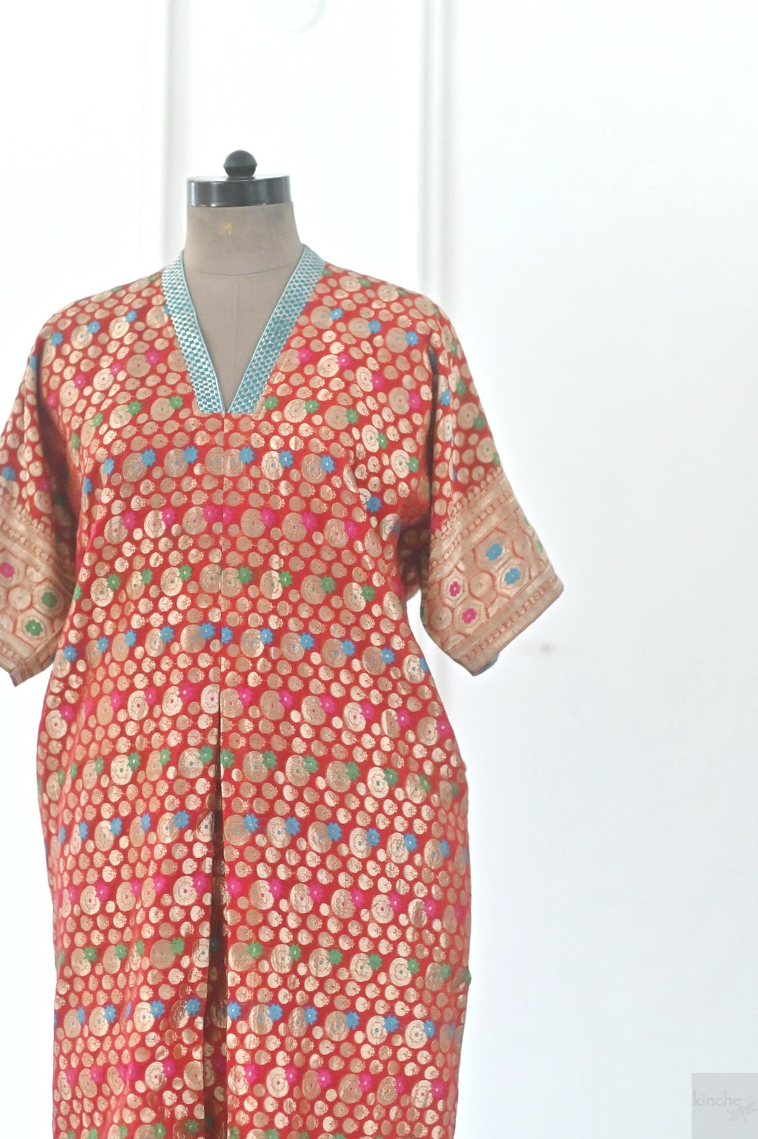 XL, Izmir, Handmade Upcycled Silk Zari Saree Kaftan Dress, One of a Kind - kinchecom