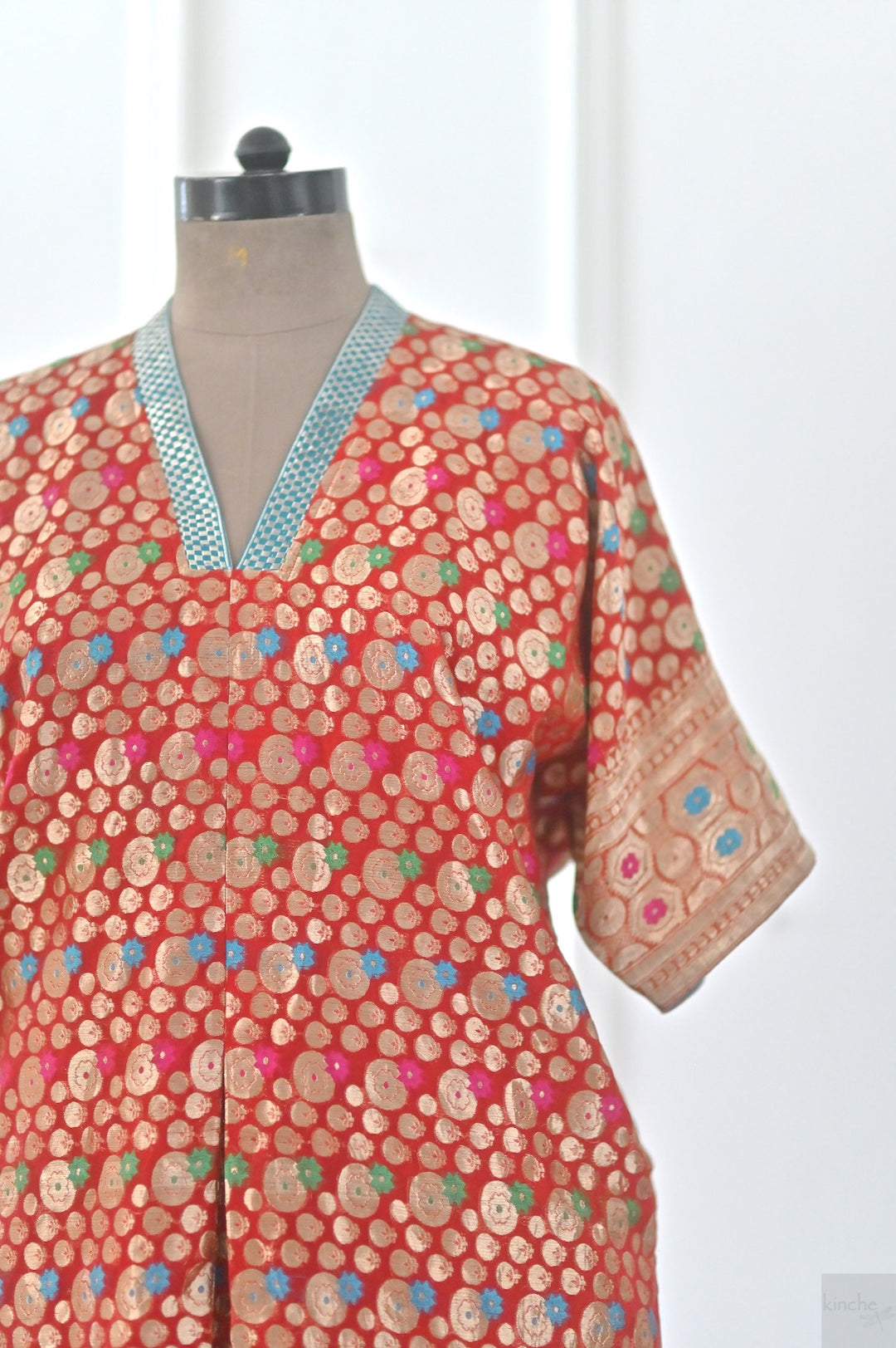 XL, Izmir, Handmade Upcycled Silk Zari Saree Kaftan Dress, One of a Kind - kinchecom