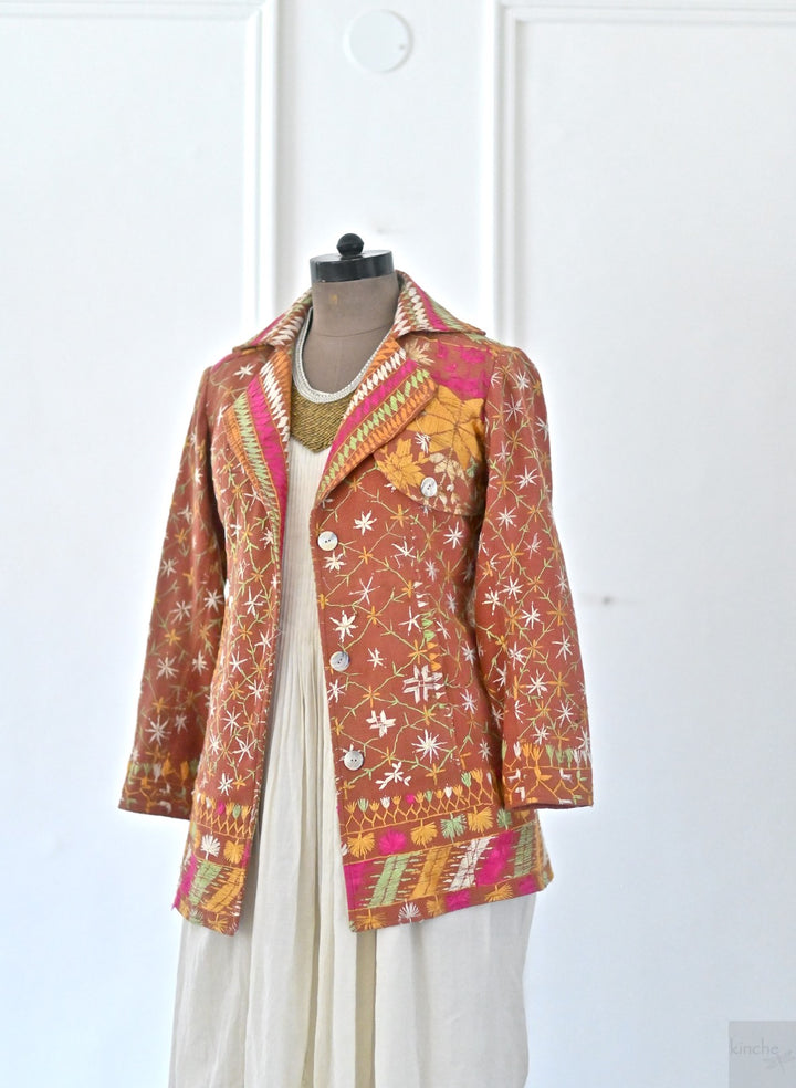 Aagya, Size Medium Vintage Phulkari Trench Jacket, One of a Kind - kinchecom