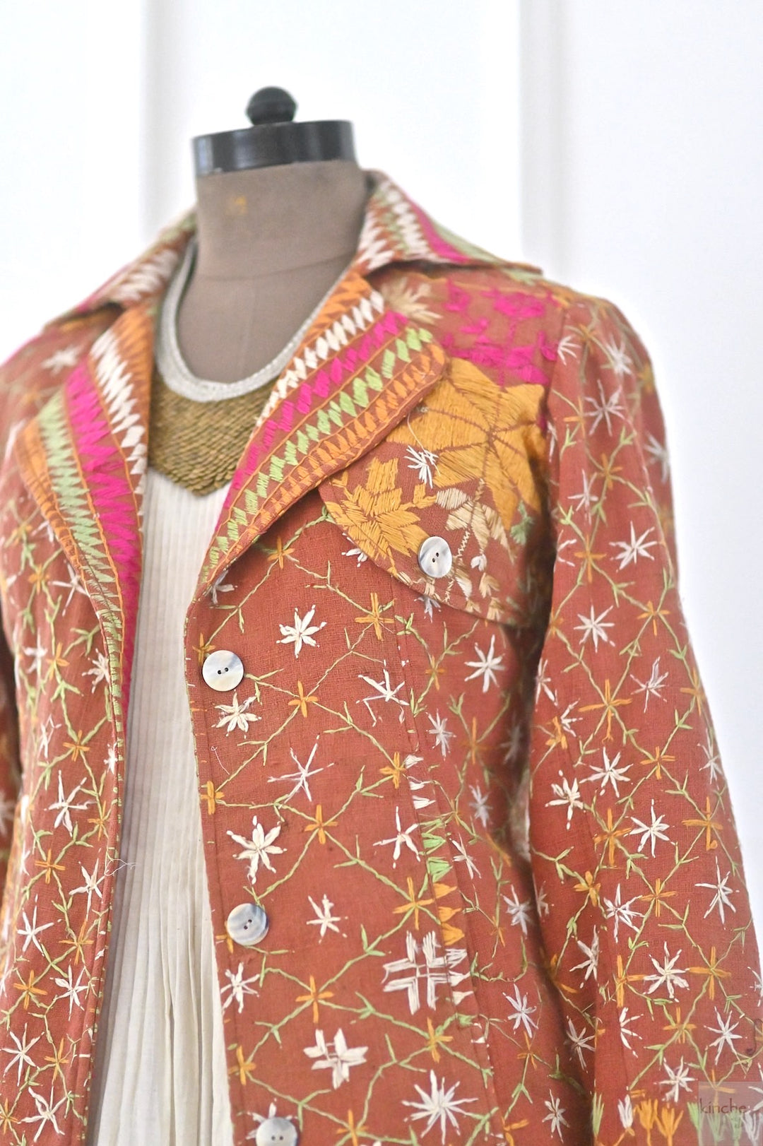 Aagya, Size Medium Vintage Phulkari Trench Jacket, One of a Kind - kinchecom