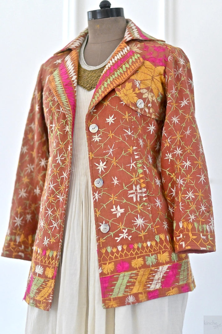 Aagya, Size Medium Vintage Phulkari Trench Jacket, One of a Kind - kinchecom