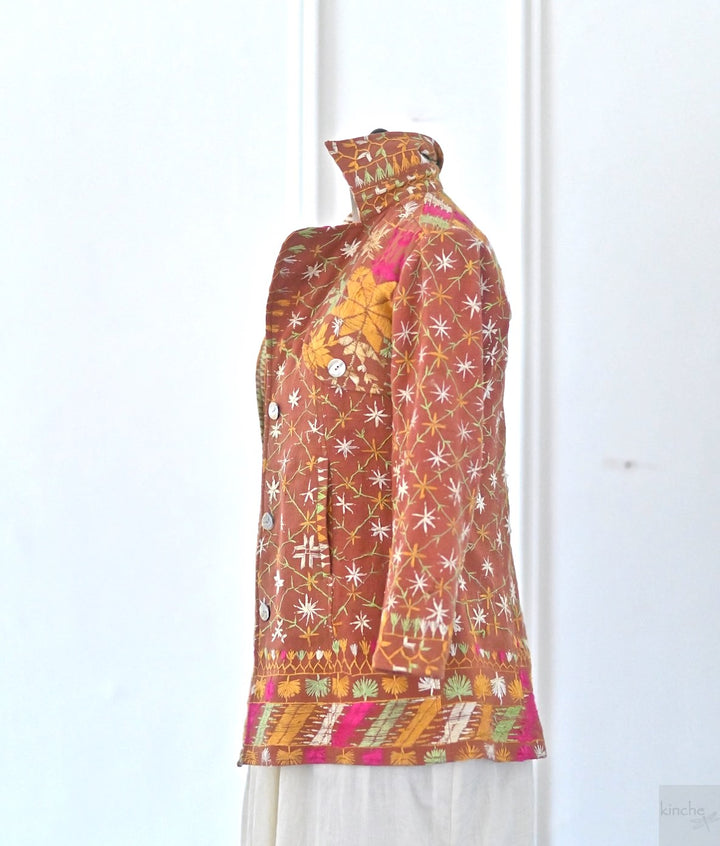 Aagya, Size Medium Vintage Phulkari Trench Jacket, One of a Kind - kinchecom