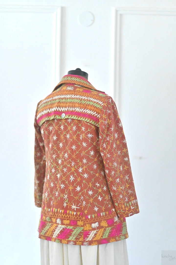 Aagya, Size Medium Vintage Phulkari Trench Jacket, One of a Kind - kinchecom