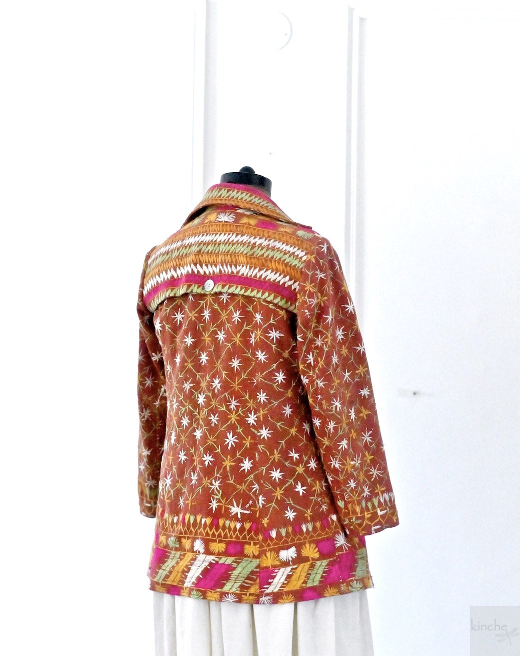 Aagya, Size Medium Vintage Phulkari Trench Jacket, One of a Kind - kinchecom