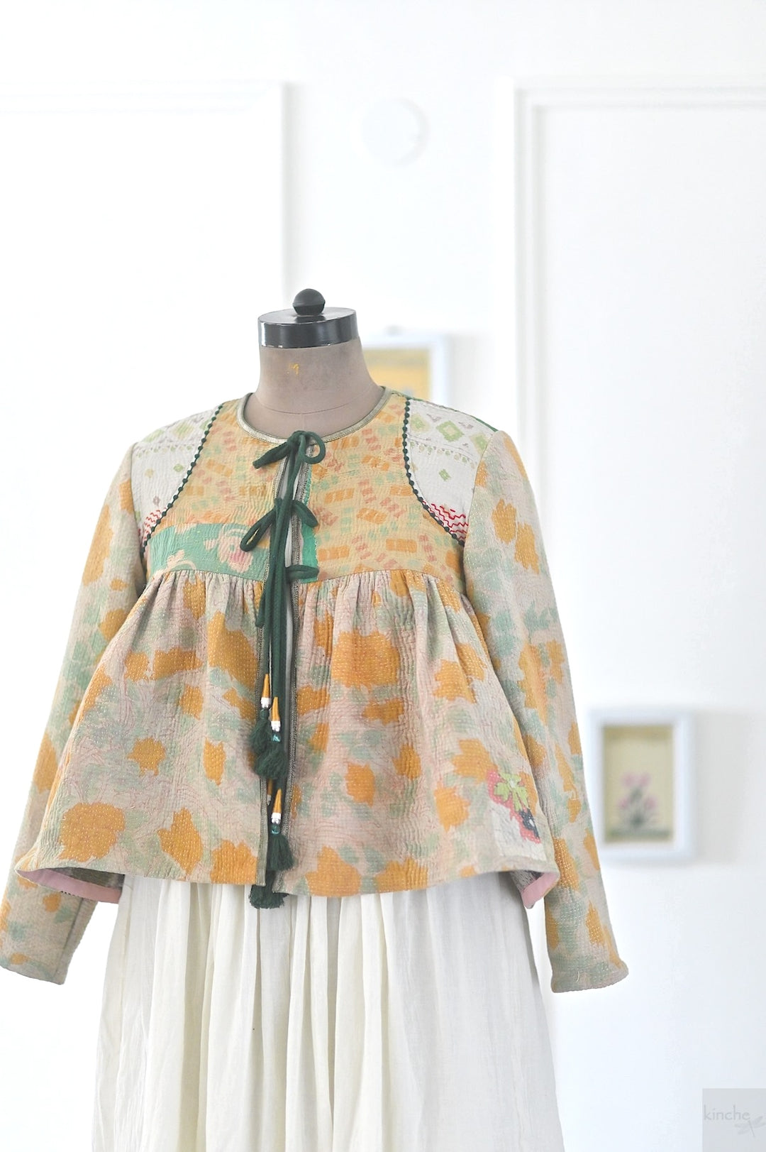 Basrah, Large Size, Vintage Kantha, Flared Boho Jacket with Front Ties & Tassels - kinchecom
