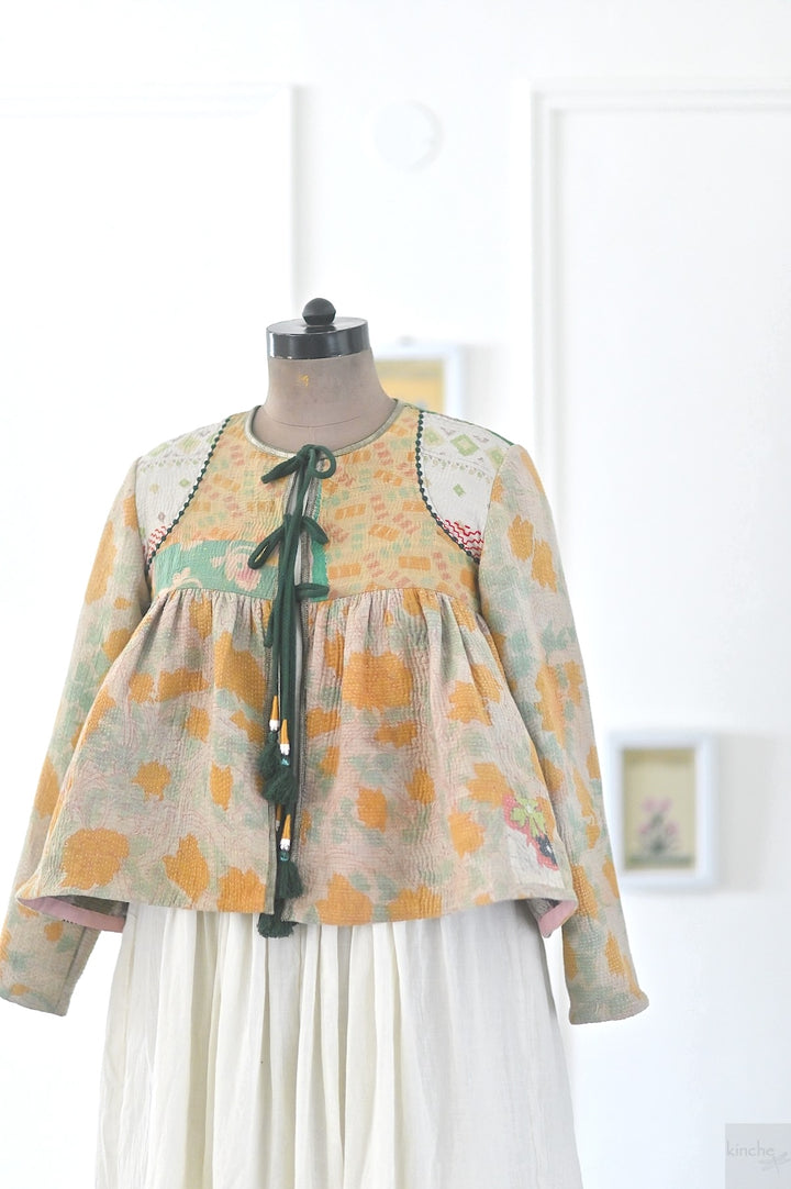Basrah, Large Size, Vintage Kantha, Flared Boho Jacket with Front Ties &amp; Tassels - kinchecom