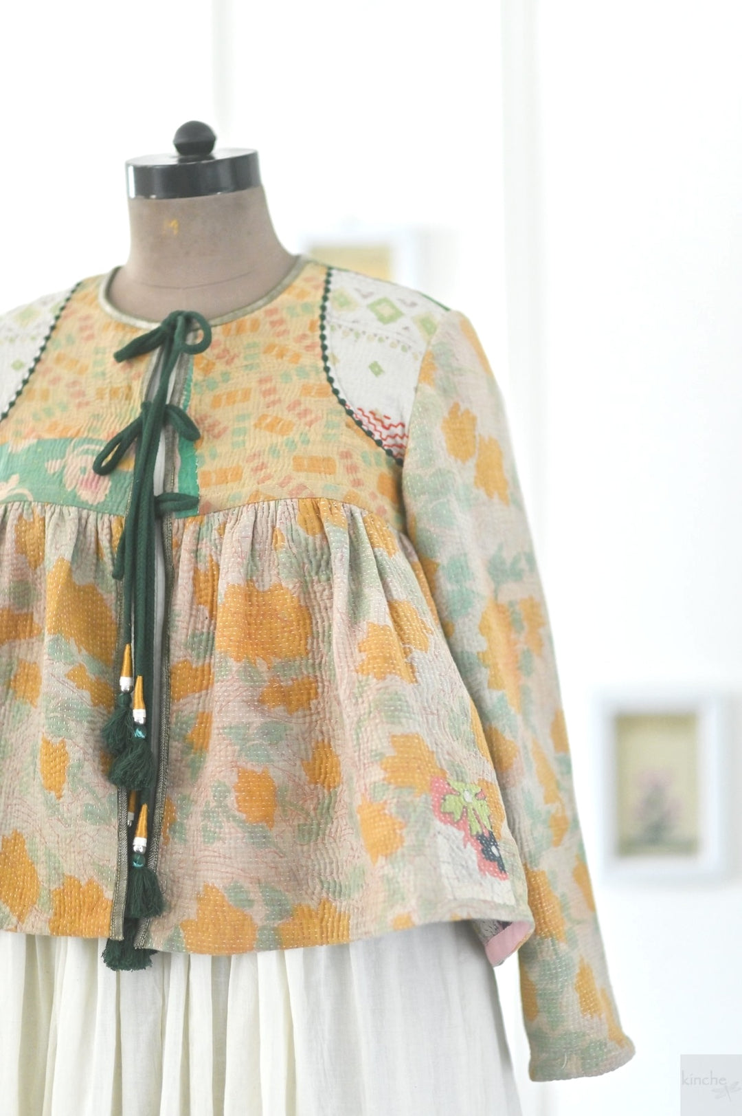 Basrah, Large Size, Vintage Kantha, Flared Boho Jacket with Front Ties &amp; Tassels - kinchecom