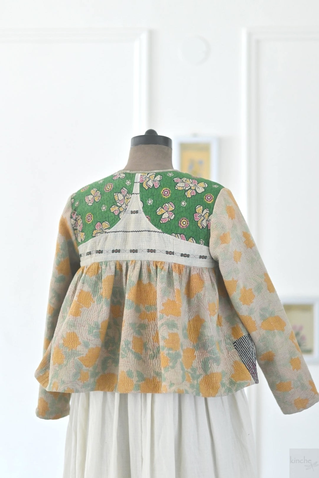 Basrah, Large Size, Vintage Kantha, Flared Boho Jacket with Front Ties &amp; Tassels - kinchecom