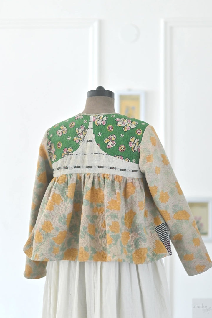 Basrah, Large Size, Vintage Kantha, Flared Boho Jacket with Front Ties &amp; Tassels - kinchecom