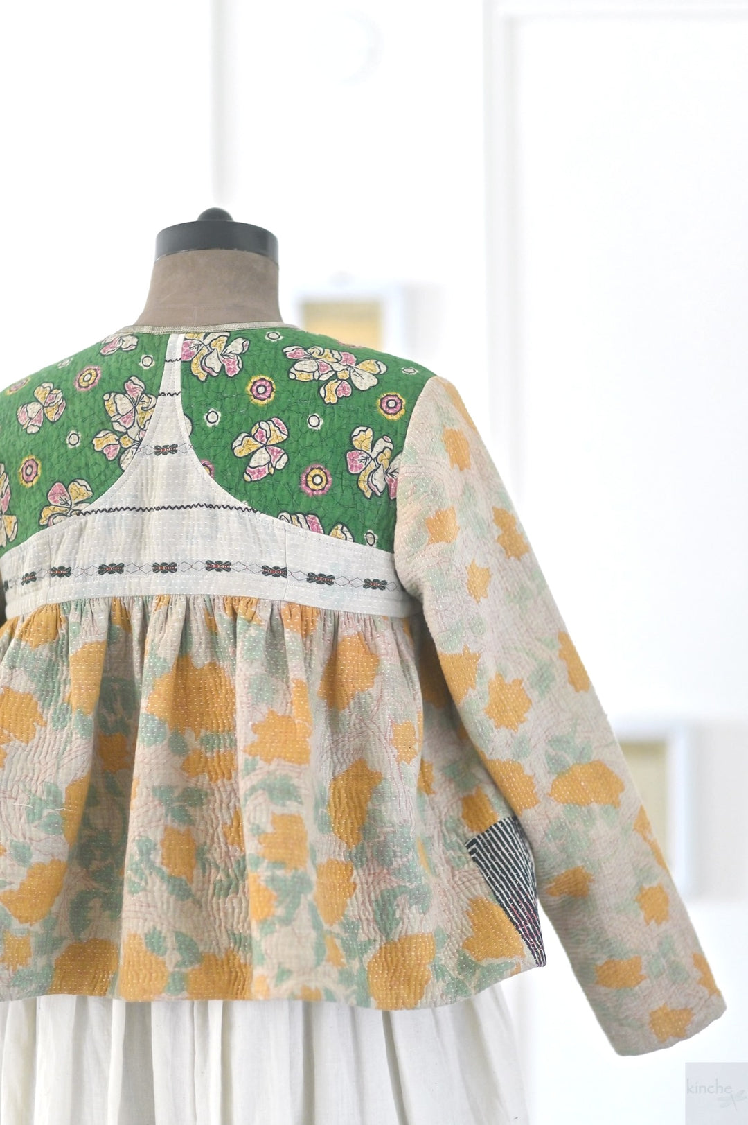 Basrah, Large Size, Vintage Kantha, Flared Boho Jacket with Front Ties &amp; Tassels - kinchecom