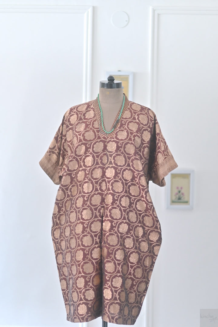 Bursa, Vintage Zari Silk, Bronze and Brown, Kaftan Dress in Size M-L - kinchecom