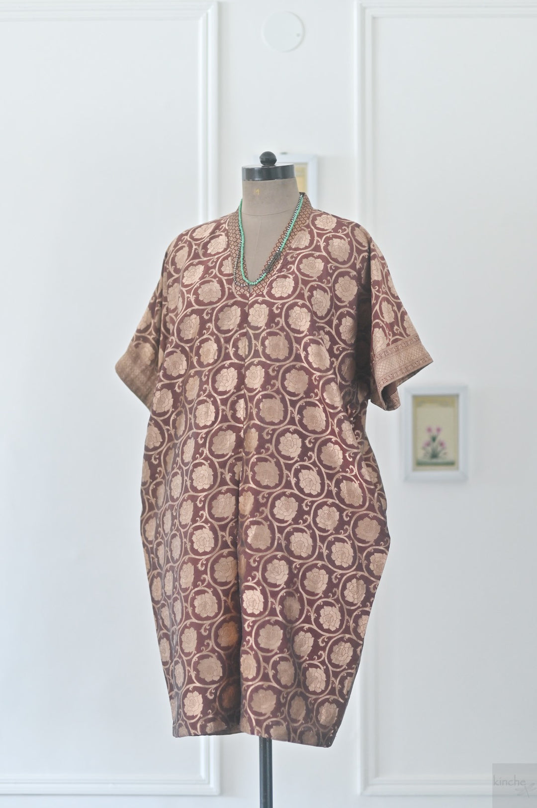 Bursa, Vintage Zari Silk, Bronze and Brown, Kaftan Dress in Size M-L - kinchecom