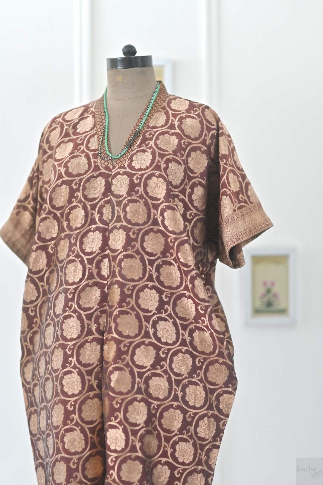 Bursa, Vintage Zari Silk, Bronze and Brown, Kaftan Dress in Size M-L - kinchecom