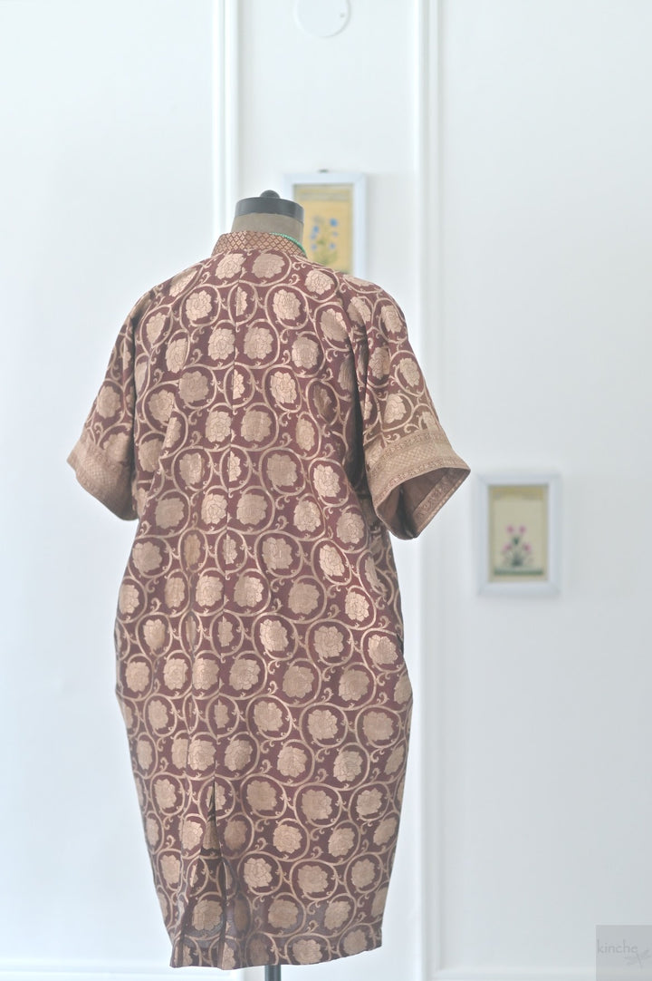 Bursa, Vintage Zari Silk, Bronze and Brown, Kaftan Dress in Size M-L - kinchecom