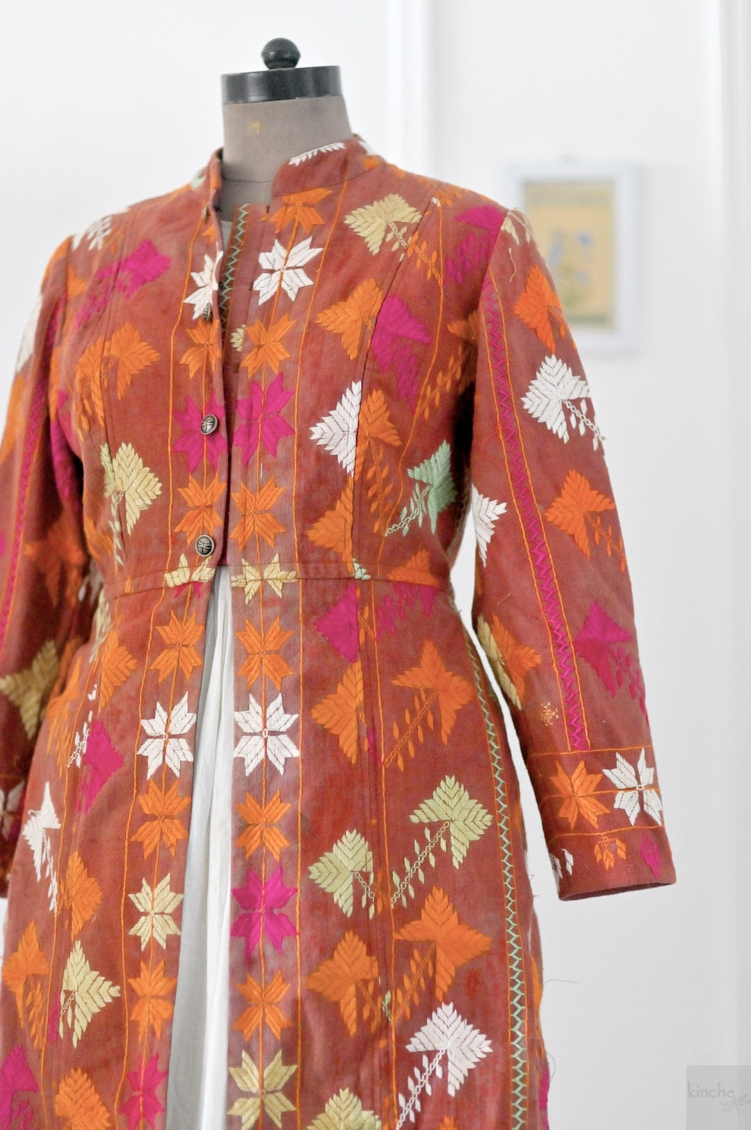 Gurkiran, Size large, Knee Length Jacket Made of Antique Phulkari Chaddar/ One of a Kind - kinchecom