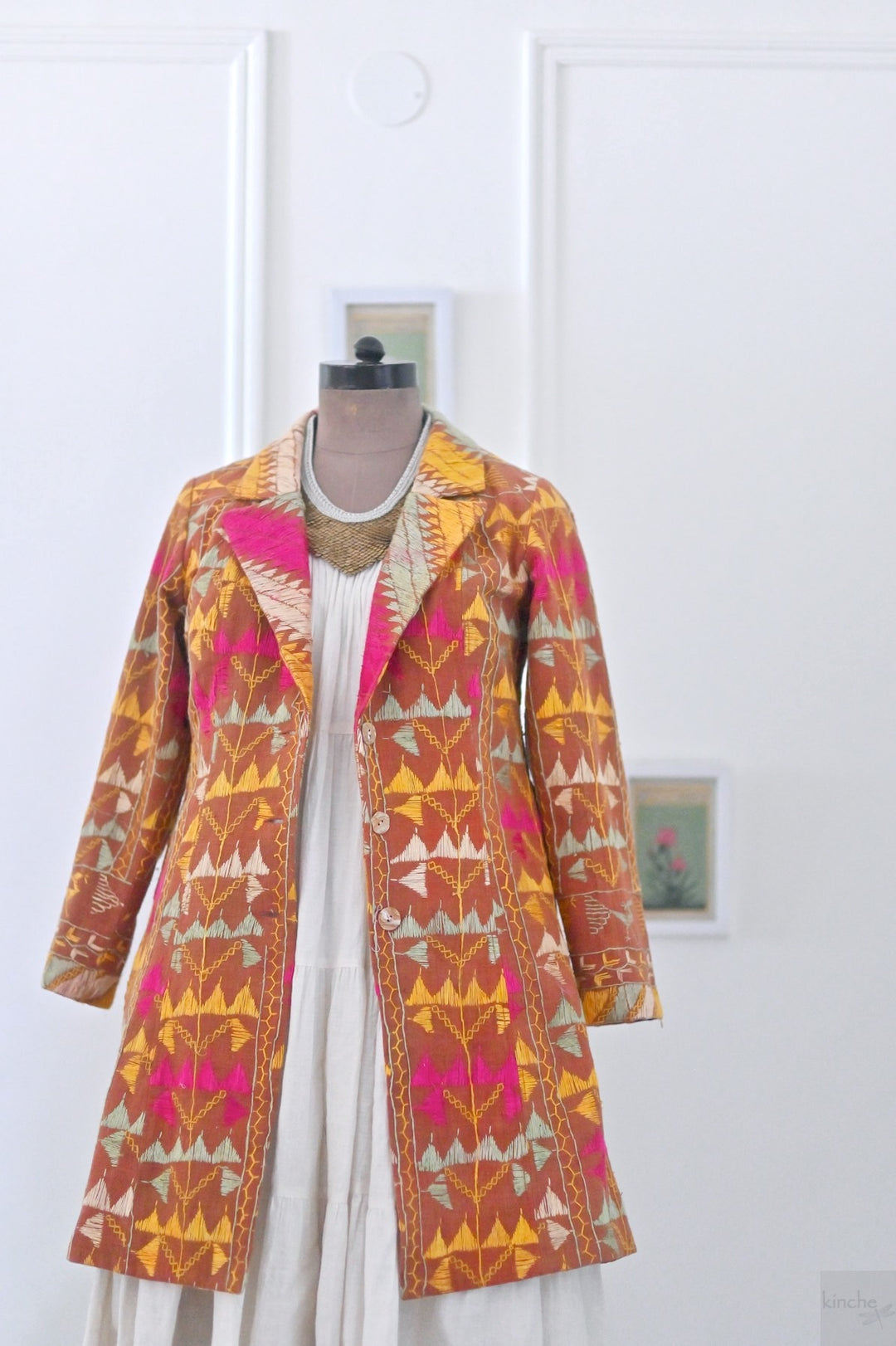 Sukhmani Size Large, Blazer Jacket made with Vintage Phulkari Bagh Chaddar - kinchecom