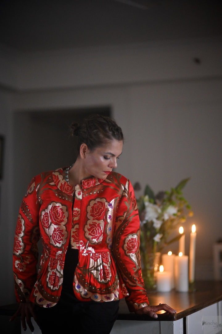 Tenzin, Peplum, Pure Silk and Copper Zari Gyasar Silk Jacket, Handmade - kinchecom