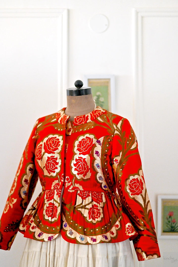 Tenzin, Peplum, Pure Silk and Copper Zari Gyasar Silk Jacket, Handmade - kinchecom
