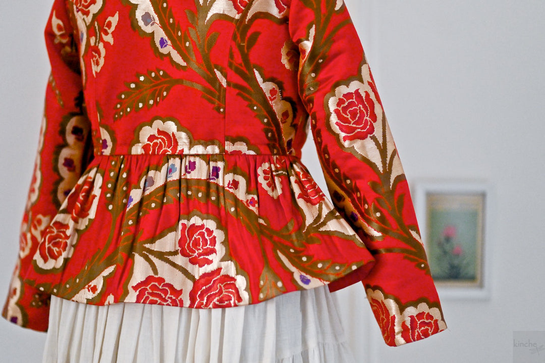 Tenzin, Peplum, Pure Silk and Copper Zari Gyasar Silk Jacket, Handmade - kinchecom